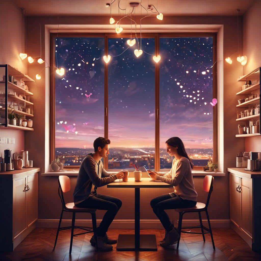 A romantic scene depicting two people connecting through a digital device in a cozy cafe, with soft glowing lights around them representing love and connection. The background features subtle digital elements like hearts and messages floating in the air, hinting at online interaction. The atmosphere is warm and inviting, capturing the essence of modern romance. super-realistic. vibrant colors. cozy ambiance.