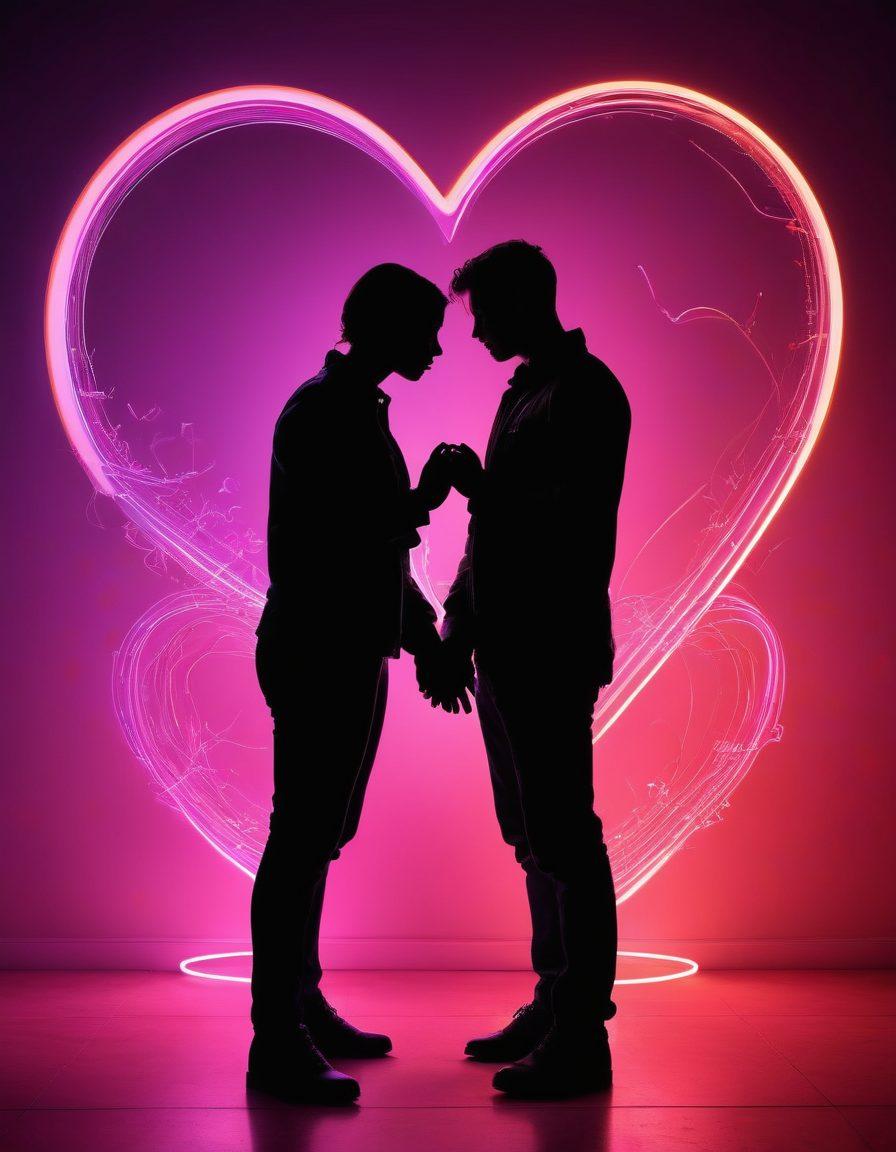 An alluring digital landscape representing the fusion of intimacy and technology; featuring silhouettes of diverse couples exploring virtual spaces, illuminated by soft, inviting neon lights. Intricate symbols of desire, like hearts and intertwined hands, subtly integrated into the background. Capturing a sense of adventure and connection in a modern digital world. vibrant colors. super-realistic.
