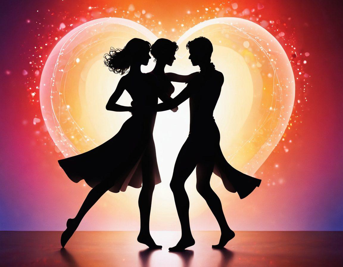 A passion-filled scene depicting two silhouette figures intertwined in an elegant dance, enveloped in soft, shimmering lights that represent online connections. The background features hints of digital elements like glowing hearts and chat bubbles, symbolizing companionship in the virtual realm. Warm, inviting colors should enhance the sensual atmosphere. super-realistic. vibrant colors. dreamy background.